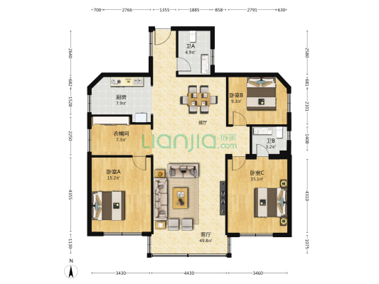 金达花园 3室1厅2卫 133平方
