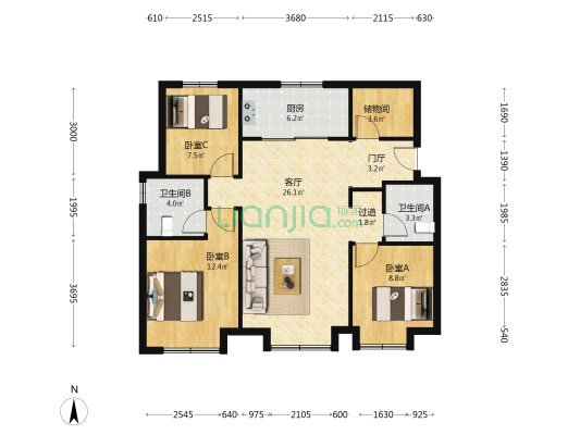 西派国印 3室1厅2卫 109平方