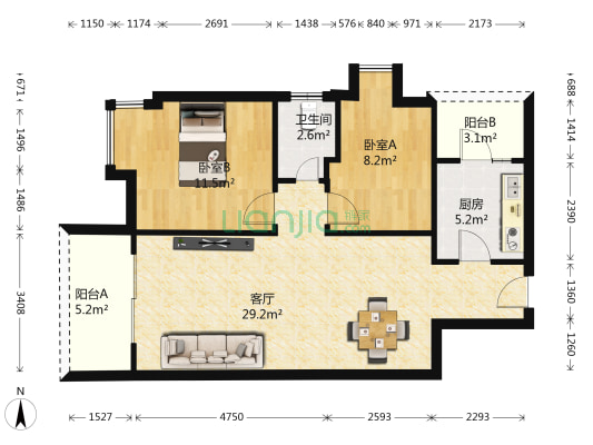 宏远活力康城 2室1厅1卫 80平方