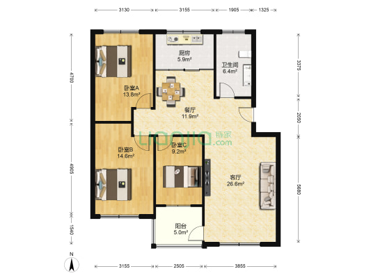 齐盛花园 3室2厅1卫 121平方