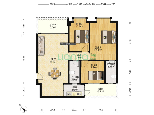 美晨豪庭 3室1厅2卫 89平方