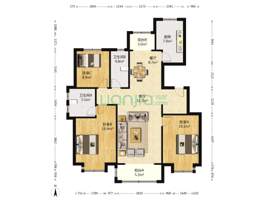 城投熙和园 3室2厅2卫 136平方