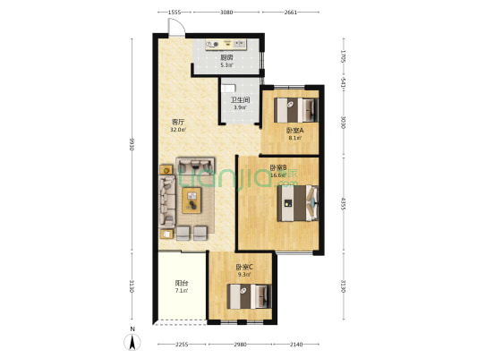 怡东佳苑小区 3室1厅1卫 105平方