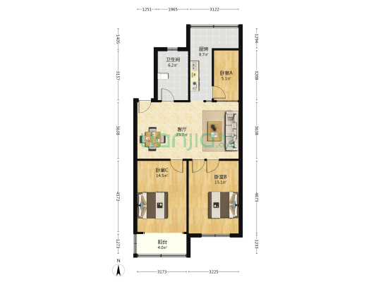 青海疗养院 3室1厅1卫 96平方