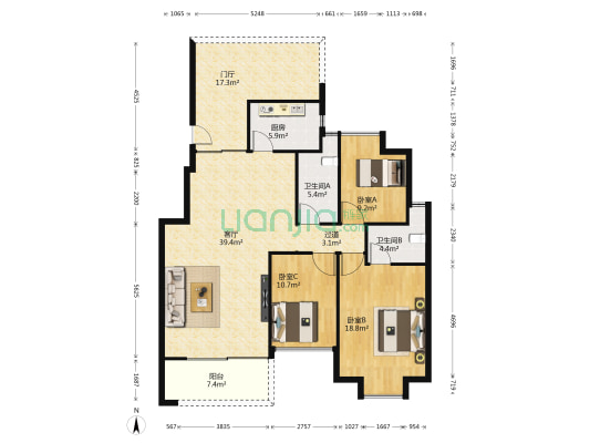 汇龙天下 3室1厅2卫 130平方