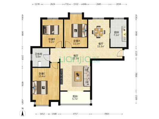 长庆湖滨花园三期 3室2厅1卫 120平方