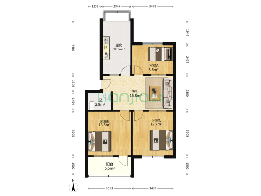 打水胡同 3室1厅1卫 83平方