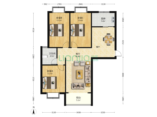 新天地世家豪庭 3室1厅1卫 121平方