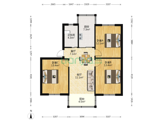 建设新村 3室2厅1卫 88平方