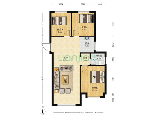 荣盛城 3室1厅1卫 107平方
