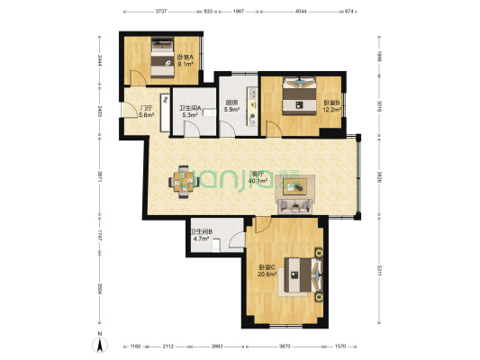 三友新村 3室1厅2卫 128平方