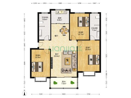 清璟花园 3室1厅2卫 140平方