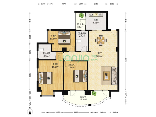 卡迪亚公馆 3室1厅2卫 136平方