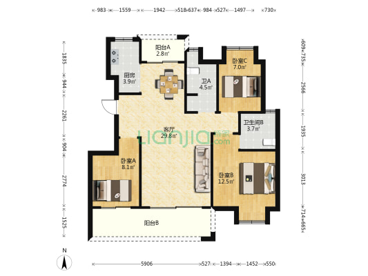 中铁观河锦园 3室1厅2卫 105平方