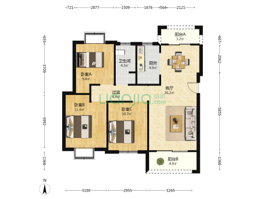 聚仁滨江悦城 3室1厅1卫 100平方