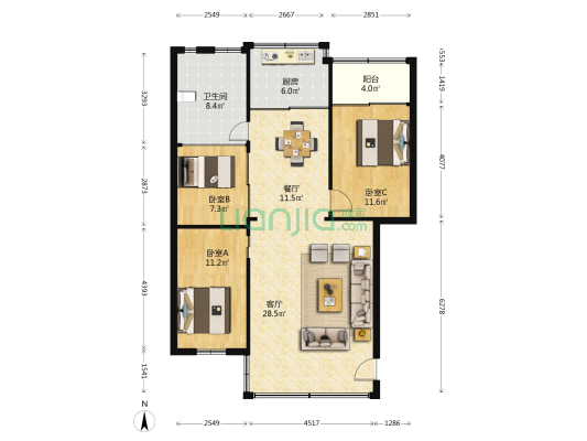 省文化艺术学校宿舍 3室2厅1卫 99平方