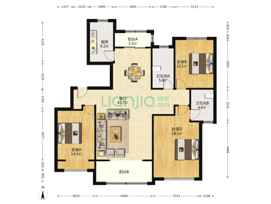 月亮河桂园(公寓) 3室1厅2卫 177平方