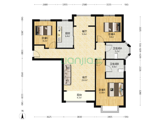 此房是南北通透大三居，户型好 无遮挡，交通便利..-户型图