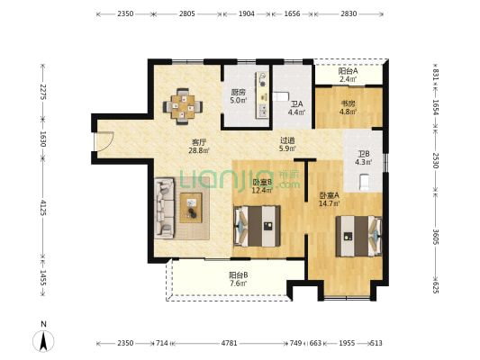江汇城三期北区 3室1厅2卫 116平方