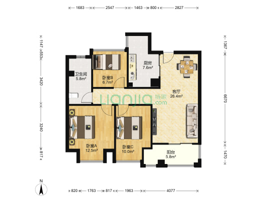 中海玉景湾 3室1厅1卫 84平方