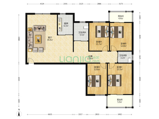 纬二路8号院 4室1厅2卫 173平方