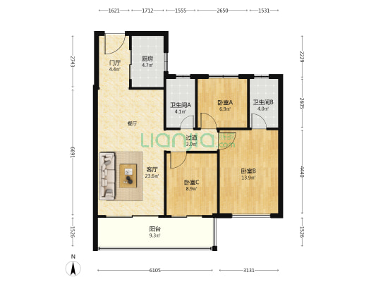 云和中心 3室1厅2卫 110平方