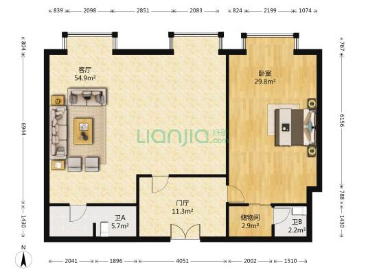 梦泽园 1室1厅2卫 47平方