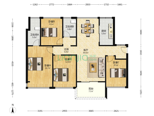 万科卓越珑远未来之光 4室1厅2卫 121平方