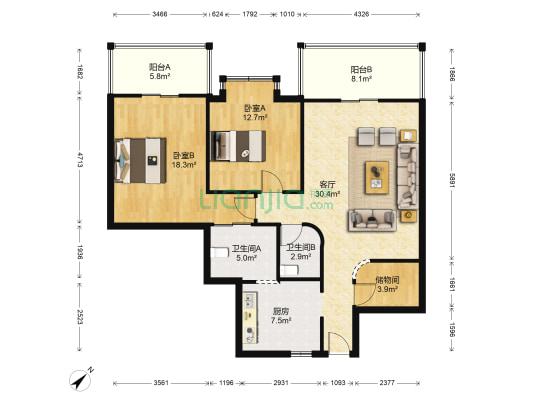 湖边坊人家 2室1厅2卫 107平方