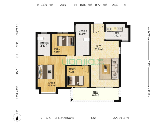博汇园 3室1厅2卫 103平方