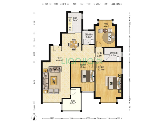 天景花园 3室1厅2卫 127平方