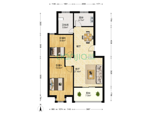 公园一号 2室1厅1卫 89平方