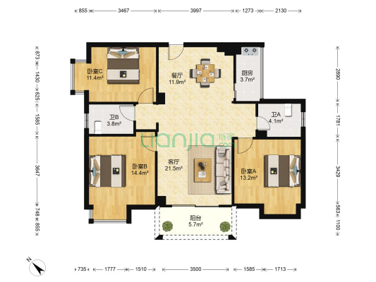 昌泰东盟园 3室2厅2卫 108平方