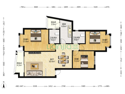 金色世纪 3室1厅2卫 107平方