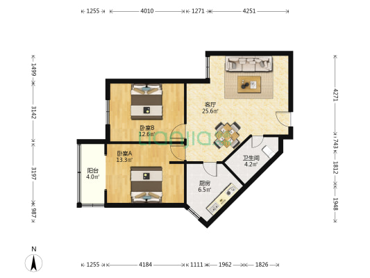 哈佛公寓 2室1厅1卫 97平方