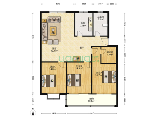 怡园花都小区 3室1厅1卫 136平方