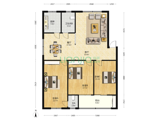 滨江花园B区 3室2厅2卫 151平方