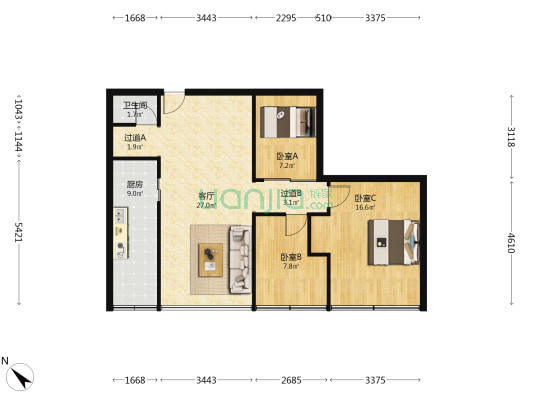 嘉多利广场 3室1厅1卫 109平方