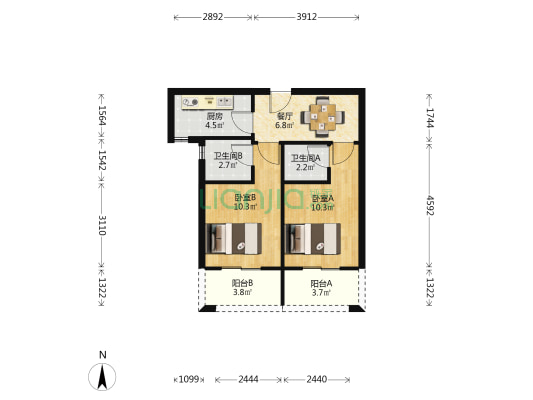 三坝公寓 2室1厅2卫 56平方