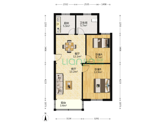 汇通新村 2室2厅1卫 77平方