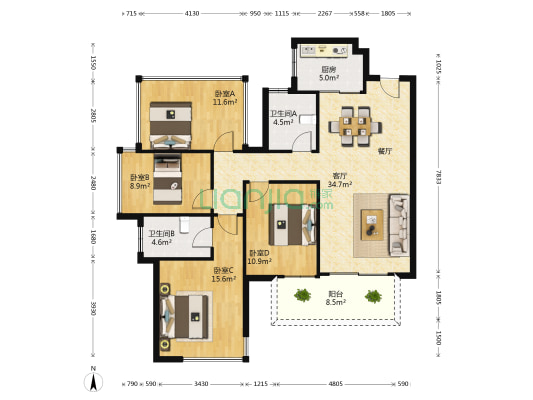融创九棠府一期 4室1厅2卫 111平方