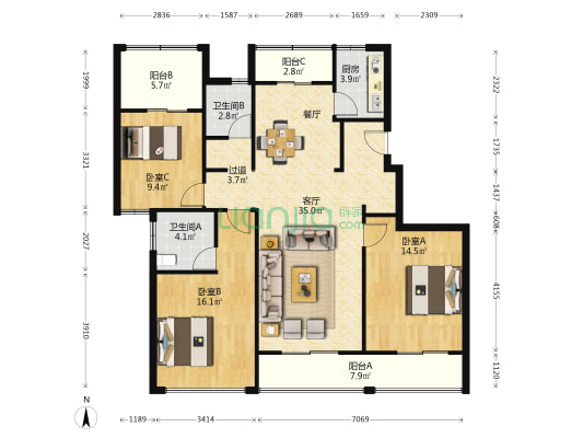 城南华府 3室1厅2卫 132平方
