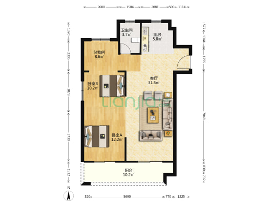 美的蝴蝶海六期 2室1厅1卫 105平方
