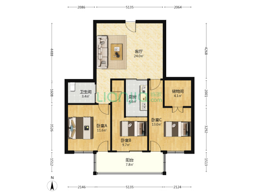 东方公寓 3室1厅1卫 90平方