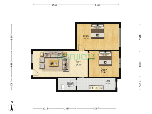 丽湖花园二期 2室1厅1卫 87平方