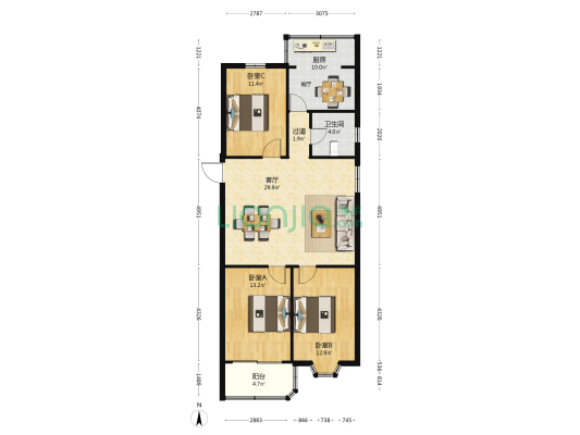 邓府苑 3室1厅1卫 107平方