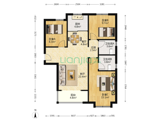 远洋落子栖 3室2厅2卫 116平方
