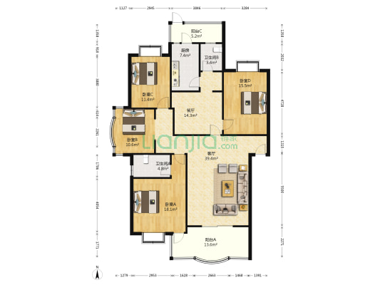 建大家园 4室2厅2卫 160平方