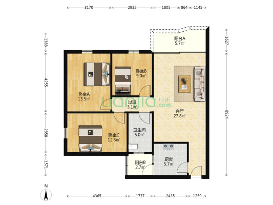 盐步农行宿舍楼 3室1厅1卫 100平方