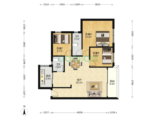 信怡楼 3室1厅2卫 91平方